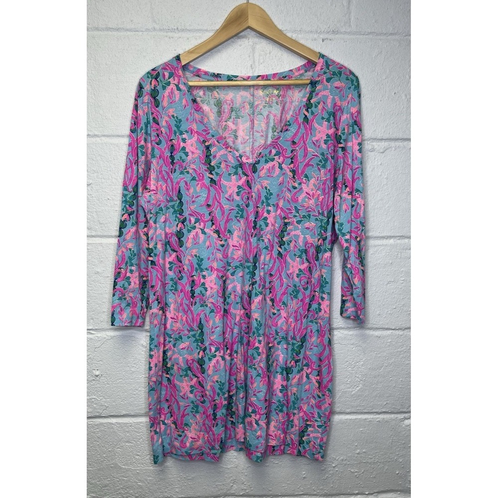 Lilly Pulitzer Tessa Dress XL Seaweed Samba V Neck 3/4 Sleeve Pink Blue Green - Picture 2 of 7